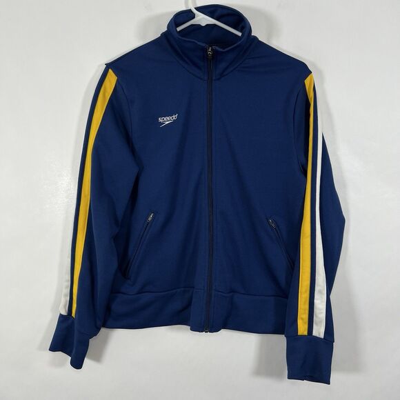 Vintage Speedo Full Zip Track Jacket Womens Size Medium Blue Yellow Striped EUC - Picture 1 of 12